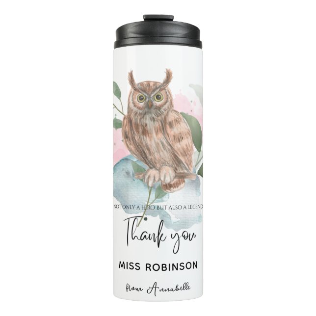 Modern Watercolor Owl Danke, Lehrer Thermosbecher (Vorderseite)