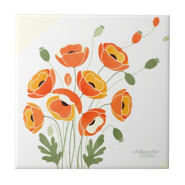 Modern Watercolor Poppies Fliese (Vorderseite)