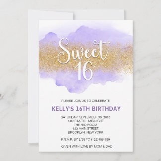 Modern Watercolor Purple Sweet 16 Sixteen Einladung