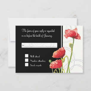 Modern Watercolor Red Poppy Poppies Wirbel Black RSVP Karte