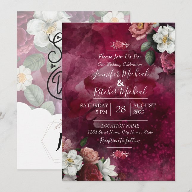 Modern Watercolor Red ruby Burgund Blumenmotiv  Einladung (Vorne/Hinten)