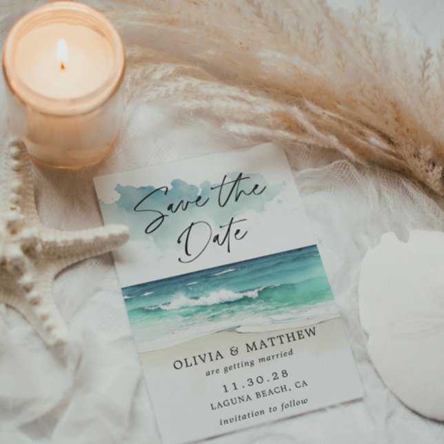 Modern Watercolor Script Ocean Beach QR Code Save The Date (Von Creator hochgeladen)