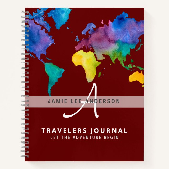 Modern Watercolor World Map Travel Journal Custom Notizbuch (Vorderseite)