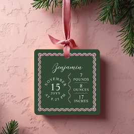 Modern Wavy Baby Name Script Birth Stats Foto Ornament Aus Metall