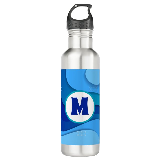 Modern Wavy Blue Abstrakt Monogram Edelstahlflasche (Vorderseite)