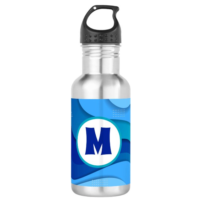 Modern Wavy Blue Abstrakt Monogram Edelstahlflasche (Vorderseite)