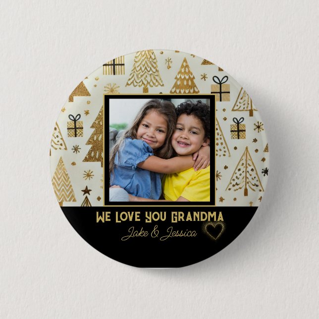 Modern We Love you Grandma Black and Gold Button (Vorderseite)