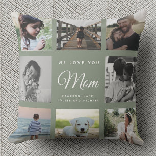 Modern WE LOVE YOU Mom Family Photo Collage Green Kissen