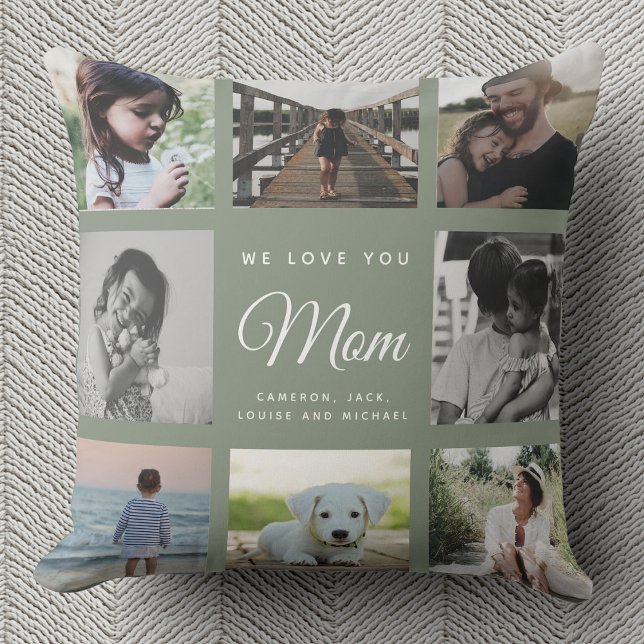 Modern WE LOVE YOU Mom Family Photo Collage Green Kissen (Von Creator hochgeladen)