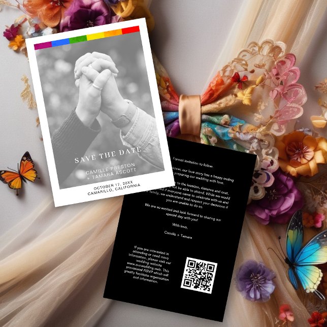 Modern Wedding Editorial LGBTQ+ Pride Photo Save The Date (Minimalist Black and White LGBTQ+ Marriage Announcement with Custom QR Code.)