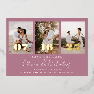 Modern Wedding Foto Collage Mauve Save the Date Folieneinladung