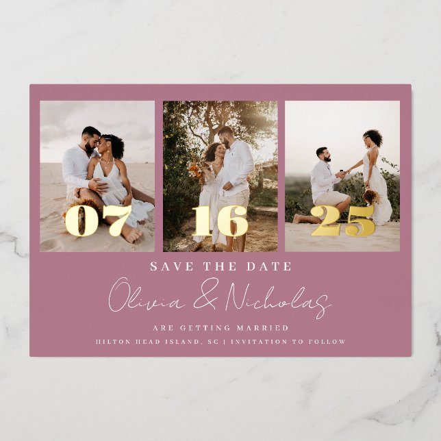 Modern Wedding Foto Collage Mauve Save the Date Folieneinladung (Vorderseite)