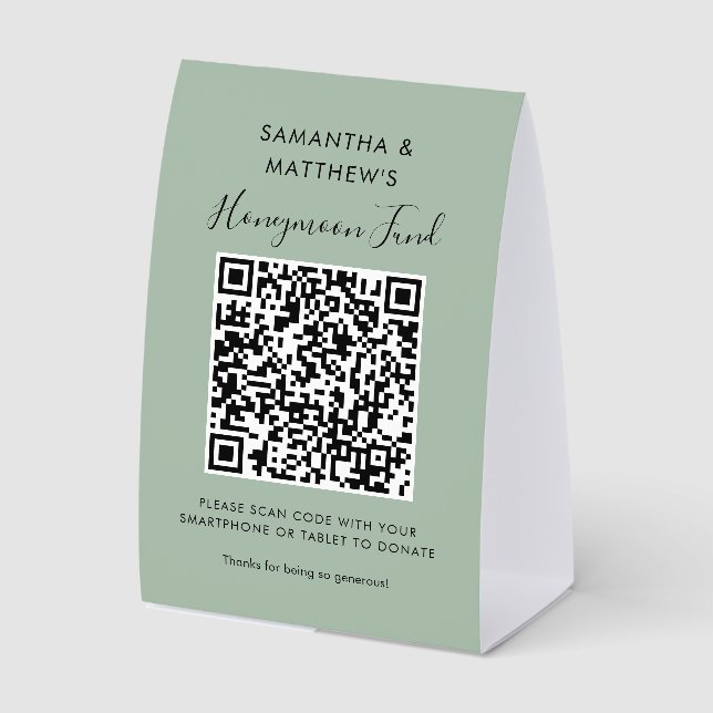 Modern Wedding Honeymoon Fund QR Code Donation Tischaufsteller (Vorderseite)