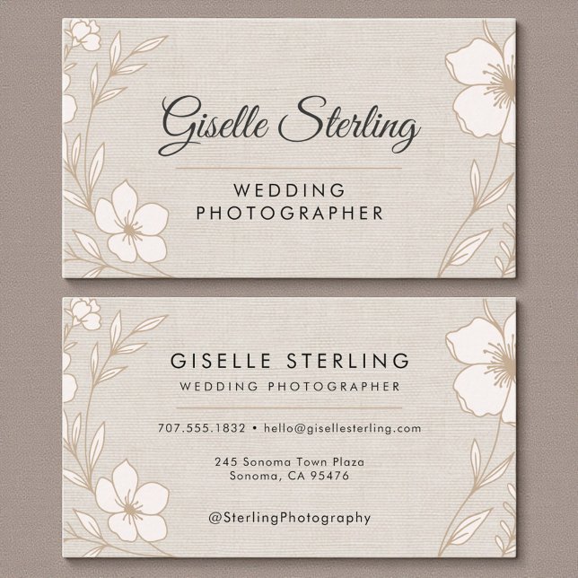 Modern Wedding Photographer Botanical Floral Linen Visitenkarte (Von Creator hochgeladen)