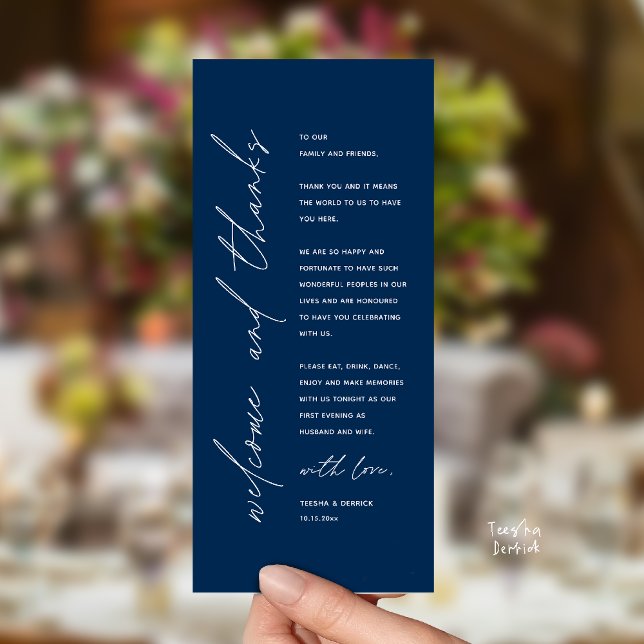 Modern Wedding Reception Dinner Thank You Card Programm (Welcome and thanks, Modern Wedding Reception Dinner Thank You card, family friends in navy blue)