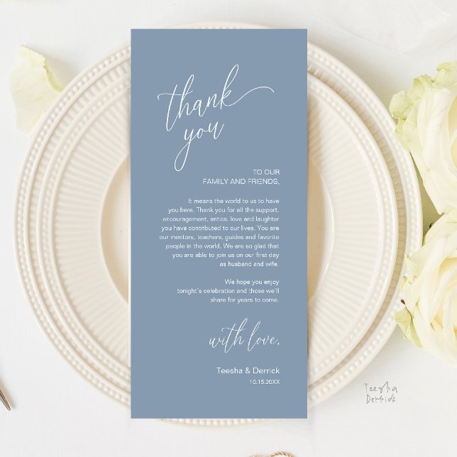 Modern Wedding Reception Dinner Thank You Card Programm (Modern Wedding Reception Dinner Thank You Card in Dusty Blue)