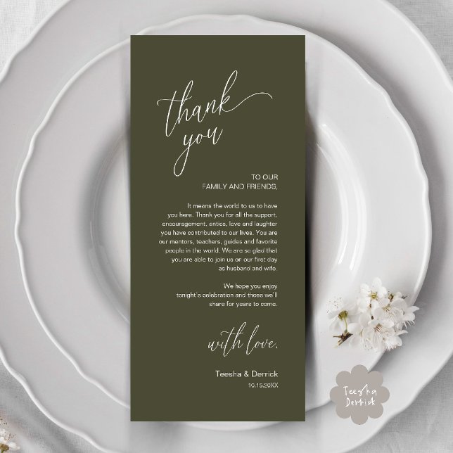 Modern Wedding Reception Dinner Thank You Card Programm (Modern Wedding Reception Dinner Thank You Card in Olive Green)