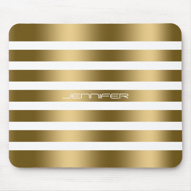 Modern Weiß und Imitat Gold Streifen Muster Mousepad (Vorne)
