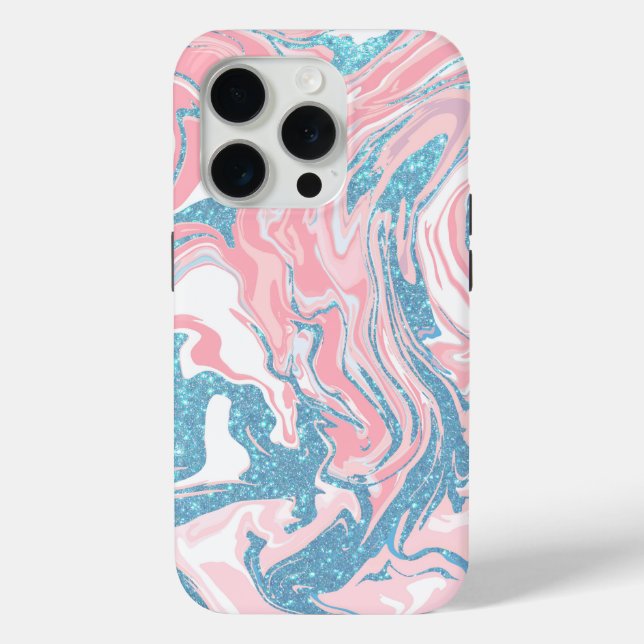 Modern weißer rosa blauer Glitzer Marmor Case-Mate iPhone Hülle (Rückseite)