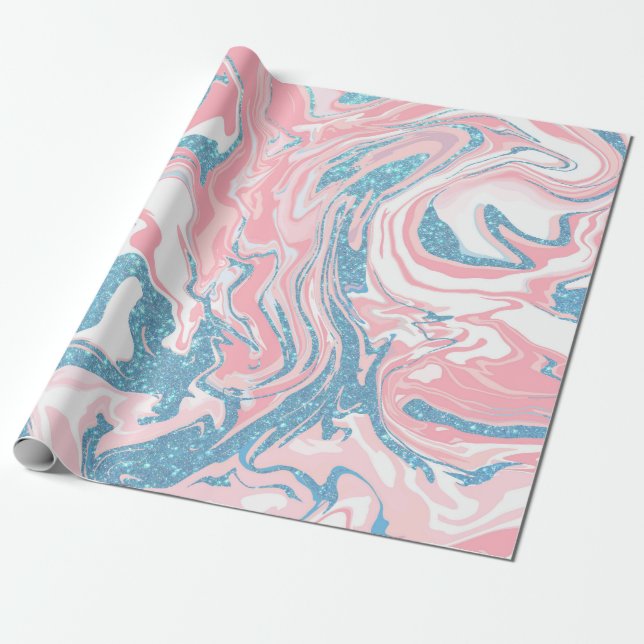 Modern weißer rosa blauer Glitzer Marmor Geschenkpapier (Ungerollt)