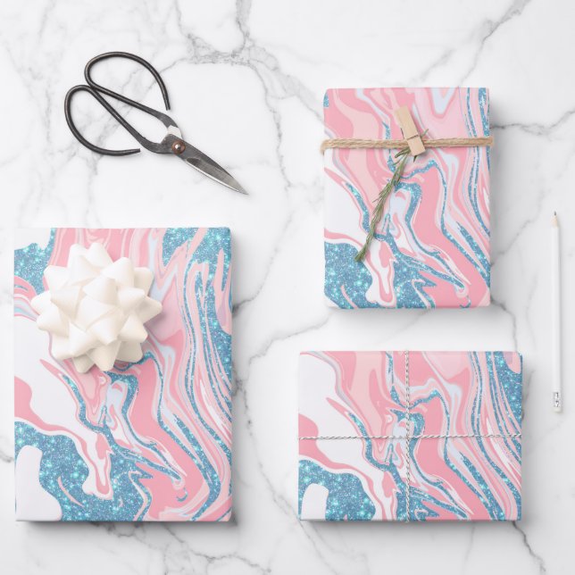 Modern weißer rosa blauer Glitzer Marmor Geschenkpapier Set (Vorderseite)
