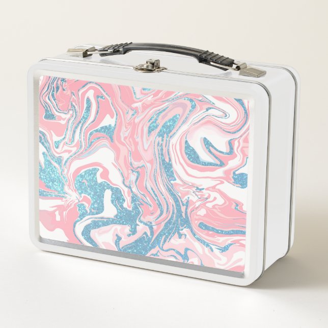 Modern weißer rosa blauer Glitzer Marmor Metall Brotdose (Vorderseite)