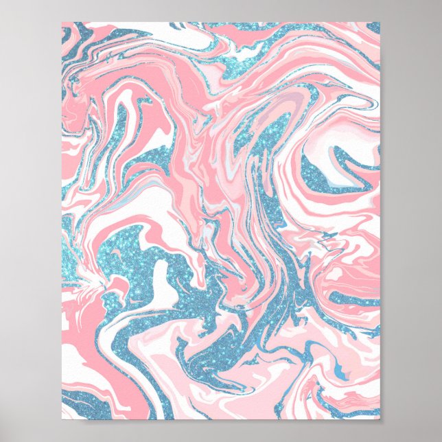 Modern weißer rosa blauer Glitzer Marmor Poster (Vorne)