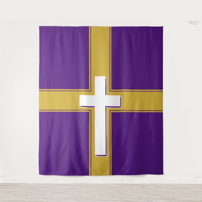 Modern | Weißes Kreuz | Gold und | LILA Wandteppich (Vorderseite)