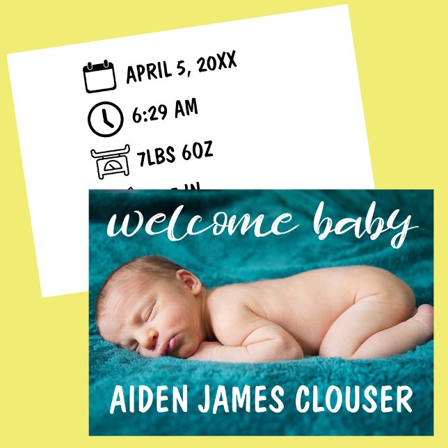 Modern Welcome Baby Birth Ankündigung (Welcome Baby Modern Birth Announcement Card with Birth Icons )