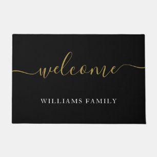 Modern Welcome Black Gold Script Familienname Fußmatte