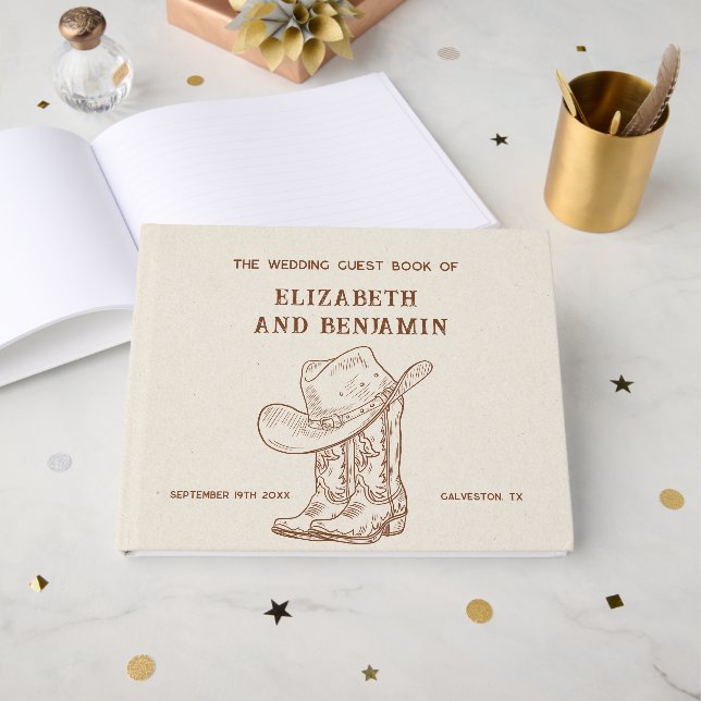 Modern Western Cowboy Boots and Hat Barn Wedding Gästebuch (Vorderseite Offen)
