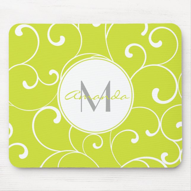 Modern Whimsical Curls Lime Green Monogram Mousepad (Vorne)