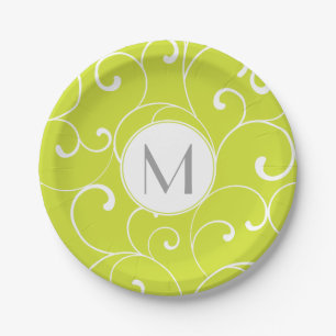 Modern Whimsical Curls Lime Green Monogram Pappteller