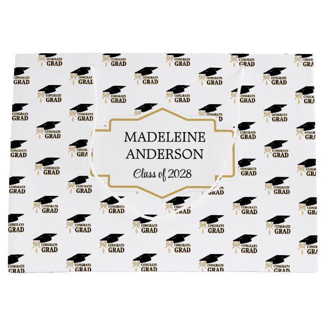 Modern Whimsical Gold Black Graduation Cap Große Geschenktüte (Vorderseite)