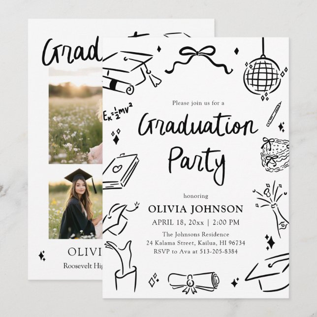 Modern Whimsical Hand Drawn Bow Graduation Party  Einladung (Vorne/Hinten)