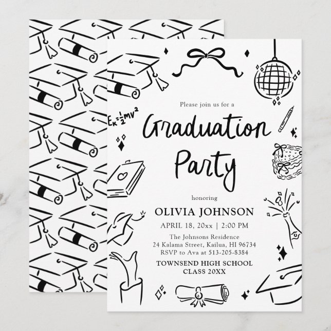 Modern Whimsical Hand Drawn Bow Graduation Party Einladung (Vorne/Hinten)