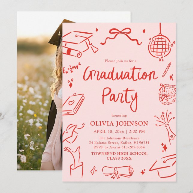 Modern Whimsical Hand Drawn Bow Graduation Party Einladung (Vorne/Hinten)