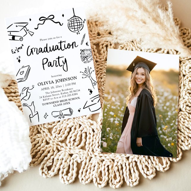 Modern Whimsical Hand Drawn Bow Graduation Party Einladung (Modern Whimsical Hand Drawn Bow Graduation Party Invitation)