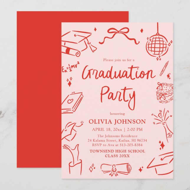 Modern Whimsical Hand Drawn Bow Graduation Party Einladung (Vorne/Hinten)