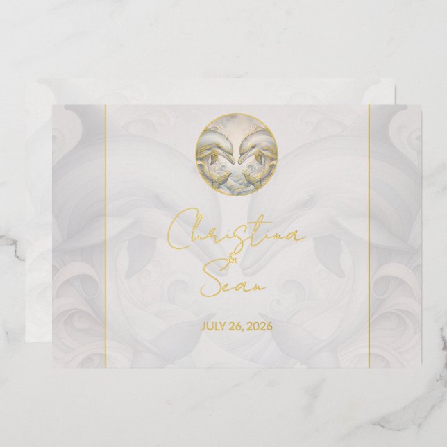 Modern Whimsy Dolphin Wedding Gold Foil Einladung (Vorderseite/Rückseite)