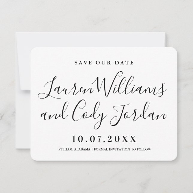 Modern White and Black Script Save the Date Einladung (Vorderseite)
