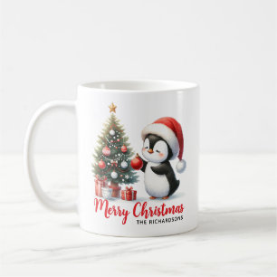 Modern White and Red Fun Pinguin Frohe Weihnachten Kaffeetasse
