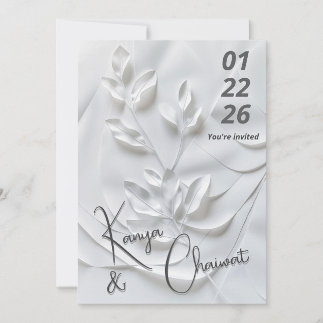 Modern White & Beige Wedding Invitation – Botanica Einladung (Vorderseite)