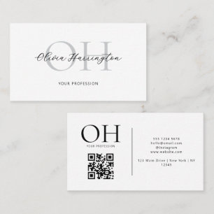 Modern White Black Script QR Code Monogram Visitenkarte