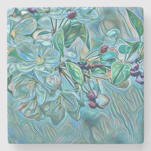 Modern White Blue Green Cherry Blossom Wasserfarbe Steinuntersetzer (Vorderseite)