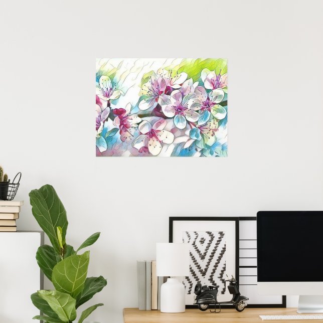 Modern White Blue Pink Cherry Blossom Wasserfarbe Poster (Heimbüro)