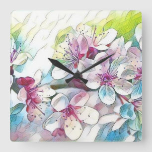 Modern White Blue Pink Cherry Blossom Wasserfarbe Quadratische Wanduhr