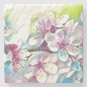 Modern White Blue Pink Cherry Blossom Wasserfarbe Steinuntersetzer