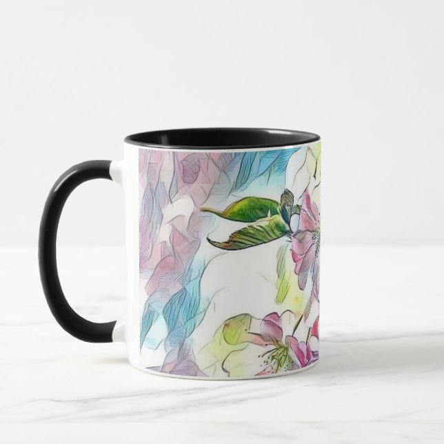 Modern White Blue Pink Cherry Blossom Wasserfarbe Tasse (Links)