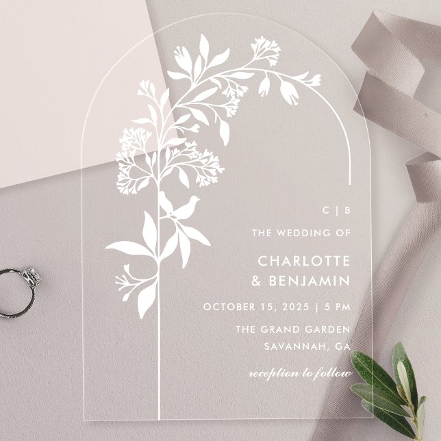 Modern White Botanical Arch Wedding Acryleinladungen (Von Creator hochgeladen)